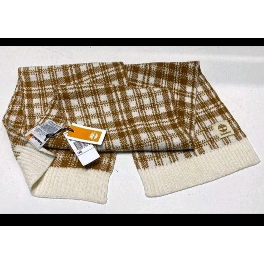 Timberland Unisex Brown White Plaid Knit Winter Scarf NWT One Size OS
